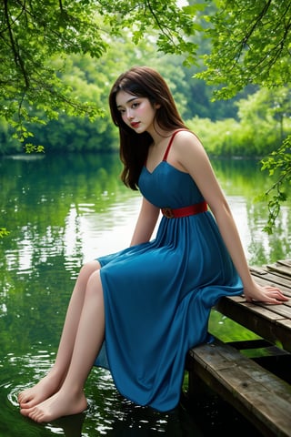 A serene moment: A young woman sits comfortably on a weathered wooden dock, her bare toes gently dipping into the glassy calm body of water. She wears a flowing blue dress adorned with a vibrant red belt, adding a pop of color to the peaceful atmosphere. The lush greenery surrounding her is dense and verdant, with tree branches intertwining above, creating a natural canopy that frames the tranquil scene.