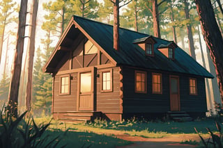 cabin, exterior, outdoors, forest, BREAK dutch angle, BREAK masterpiece, best quality, highres, very aesthetic
