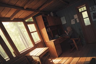 forest, cabin, complex background, dutch angle, masterpiece, best quality, highres, very aesthetic