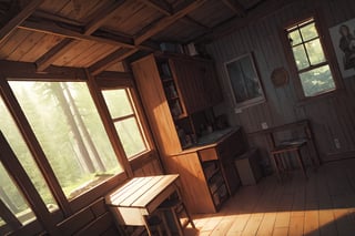 forest, cabin, outside, complex background, dutch angle, masterpiece, best quality, highres, very aesthetic