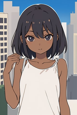  1girl, (very dark skin), upper body, city, masterpiece, best quality, highres, flat color