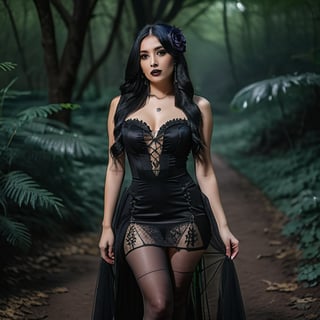 A very pretty goth lady full body posing in a super sexy dress with stockings, with long black hair, Fujifilm X-T4, Sony FE 85mm, 32k 
many details, extreme detailed, full of details,
Wide range of colors., Dramatic,Dynamic,Cinematic,Sharp details
Insane quality. Insane resolution. Insane details. Masterpiece. 32k resolution. dark natural environment 