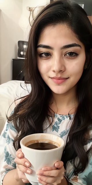 Attractive 20 years old girl. Holding a cup of coffee.