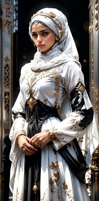 A realistic medium shot digital model poster in photorealistic style featuring a young woman with fully hijab, height 160cm, (white arabian hijab), 22 years old, wearing ancient hair band on hijab, wearing a kebaya, white kebaya, wearing white robe, wearing high heels, (rhona mitra), with futuristic elements, standing confidently with hands at hip, HDR, UHD, 64K resolution, stable diffusion,kebaya, holding stetoscope in right hand