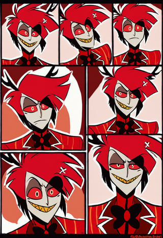 (w-Panel Comic)(Part 1 above, Part 2 below) .Hazbin Hotel. （Alastor）:A mysterious man dressed in all red. He is characterized by his red-based color scheme, including red hair, red eyes, and a red suit. He is a deer demon. He is always smiling, which leaves an impression.,vaggie