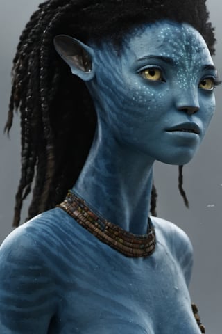 Ayo edebiri as A Female Na’vi, Avatar, afro , white blank background, pale lighting, concept art, low saturation, alien, jewlrey, portrait, lots of details, pale yellow eyes, blue skin, 4k, 8k, freckles, close up, AVATAR-OME