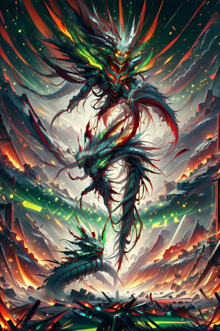 Celestial dragon, green scales, fiery phoenix, crimson red feathers, giant white snake, white scales, intense fighting, ancient China, destroyed buildings, fires, people running, dark scene, human death, blood