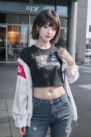 Best quality,masterpiece,ultra high res,solo,1girl,nail polish,looking at viewer,black pants,english text,bag,shirt,pants,midriff,cowboy shot,blurry,multicolored hair,navel,jewelry,short hair,purple nails,jacket,depth of field,black shirt,earrings,zipper,,(photos printed on clothes:1.5),(the clothes have their own portrait printed on them:1.5),smile