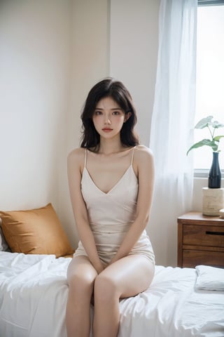1girl, black hair, bedroom, sexy outfit, detailed eyes, (20yo), beautiful, looking at viewer, soft lighting, intimate setting, high-quality bedding, elegant furniture, realistic style, (cinematic composition:1.3), best quality, masterpiece.