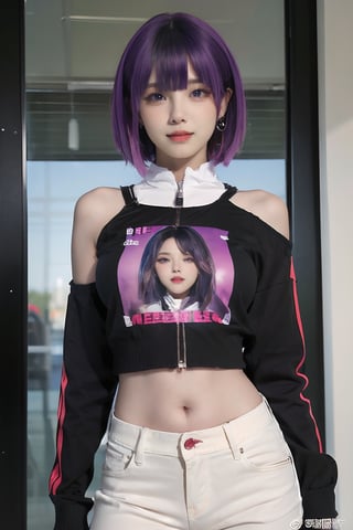Best quality,masterpiece,ultra high res,solo,1girl,nail polish,looking at viewer,black pants,english text,bag,shirt,pants,midriff,cowboy shot,blurry,multicolored hair,navel,jewelry,short hair,purple nails,jacket,depth of field,black shirt,earrings,zipper,,(photos printed on clothes:1.5),(the clothes have their own portrait printed on them:1.5),smile