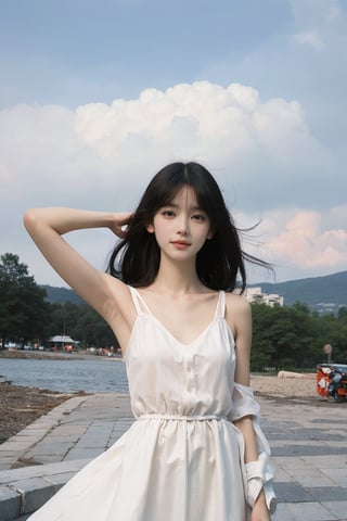 1girl, black hair, falling from the sky, dynamic motion, long flowing hair, mid-air, detailed eyes, light blush, white dress, arms spread, fantasy background, clouds, sky, wind effect on hair and dress, high detail, depth of field, realistic, ambient light, (cinematic composition:1.3), wide-angle lens, best quality, masterpiece.