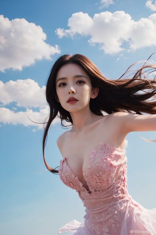 1girl, black hair, falling from the sky, dynamic motion, long flowing hair, mid-air, detailed eyes, light blush, white dress, arms spread, fantasy background, clouds, sky, wind effect on hair and dress, high detail, depth of field, realistic, ambient light, (cinematic composition:1.3), wide-angle lens, best quality, masterpiece.
