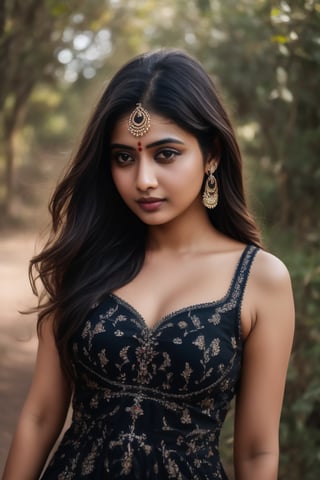 generate a highly semantic full indian Instagram model, photo of a girl like dream Tribal girl, long_hair milky white skin, indian, village girl,in beautiful wearing  a bindi on forehead, wearing black dress, high_heels, raw, hd, high_resolution, HDR, masterpiece,  Ultra 16K and cinematic light effect.