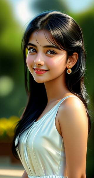 "Generate an image of a 18-year-old Indian girl with an attractive a. She has a medium brown complexion that glows , highlighting her well-defined features. Her long, wet black hair is slicked back, showcasing her naturally thick, well-groomed eyebrows and large, almond-shaped brown eyes that have a captivating intensity. Her delicate, slightly upturned nose and full, naturally pink lips add to her allure, forming a subtle, confident smile. Mimi dress  