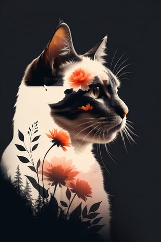 silhouette of a cat in profile. Inside the silhouette you can see the double exposure with a flower, masterpiece, ((double exposure)), proportional.,DOUBLE EXPOSURE,realistic