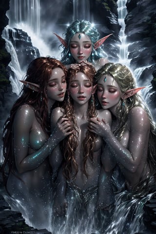 In a mesmerizing tableau, three ravishing elves bask in the misty veil of a roaring waterfall. Their glistening skin seems to shimmer with an ethereal glow as they revel in each other's playful taunts. Framed by the diffused sunlight, their faces radiate joy and abandon. One elf dangles a lock of hair, another nibbles a delicate earlobe, while the third gazes up at the celestial beam, her eyes aglow with mischief. The atmosphere is electric with hedonistic indulgence, as these elves surrender to their most primal desires.