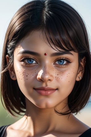 (best quality, 4k, 8k, highres, masterpiece:1.2), ultra-detailed indian teenager girl, (realistic, photorealistic, photo-realistic:1.37), black hair, blue eyes, wearing bindi on forehead, freckles , women, portrait, cinematic, bokeh, soft lighting, ethereal atmosphere, dreamy expressions, dynamic composition, textured background, vivid colors, smile, graceful pose, professional, artistic, portrait photography