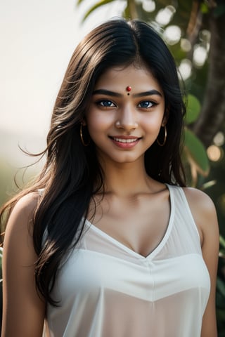 (best quality, 4k, 8k, highres, masterpiece:1.2), ultra-detailed indian teenager girl, (realistic, photorealistic, photo-realistic:1.37), black hair, blue eyes, wearing bindi on forehead, women, portrait, cinematic, soft lighting, ethereal atmosphere, dreamy expressions, dynamic composition, textured background, vivid colors, smile, graceful pose, professional, artistic, portrait photography, full body view, 