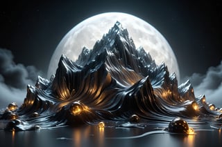 Prompt: A sharp and translucent mountain in the night sky with gray shiny mercury on its surface. The shot is captured from a low angle, giving a close-up view from the ground, reminiscent of Rhad's art. The muted gray monochrome adds a minimalist touch, while curvy shapes move rhythmically, showcasing volume and fluid dynamics. empty, uninterrupted expanse, a backgroundless atmosphere that's enveloped by swirling, metallic pieces, The whimsical brown and gray hues create a neon atmosphere, contrasting with abstract black background. Intricate acrylic and grunge textures add to the intricate complexity, all rendered with Unreal Engine for a photorealistic effect., (Detailed Textures, high quality, high resolution, high Accuracy, realism, color correction, Proper lighting settings, harmonious composition, Behance works),watce