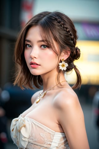 Stunning brunette Latina model with brown skin and short braided hair poses alluringly against a bright purple shiny backdrop in a 9:16 aspect ratio, wearing a beautiful white medieval gown with green belt and flower details on the neck. Her piercing brown honey eyes sparkle with happiness under cinematic lighting mimicking an aperture of f/1.4, surrounded by puffy skin texture, highly detailed face, painted red lips, and subtle eyeliner. A gold bracelet, earrings, and soft studio light enhance her confidence as she wears a purple-white ribbon delicately tied around her neck.
Masterpiece portrait of a stunning brunette Latina woman with brown skin and short braided hair. She wears a beautiful, cute white medieval gown with a green belt on her waist and flower details on the neck. Her eyes are a perfect blend of brown and honey, looking to the side with a hint of flirtation. Her small lips are painted with a subtle shade, complemented by earrings and a gold bracelet. Her skin is incredibly detailed, with a fresh, young appearance. The background is a solid yellow hue, with a bright tone that accentuates her stunning features. She's positioned in a 9:16 aspect ratio, with a camera setup mimicking a large aperture (f/1.4). Her face and eyes are highly detailed, with vivid red highlights. Her hair is styled in an updo, framing her facial structure. The overall effect is hyper-realistic, with a level of quality that rivals the best 32k sexy female models. No background or distractions, just her stunning beauty captured in all its glory.