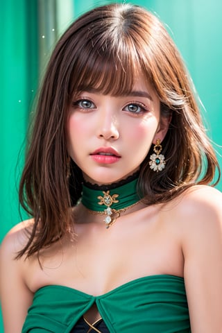 Stunning brunette latina model with brown skin and short braided hair, posing alluringly against a bright blue backdrop in a 9:16 aspect ratio, dressed in a beautiful white medieval gown with green belt and flower details on the neck. Her piercing brown honey eyes sparkle with happiness, framed by a sharp focus and cinematic lighting mimicking an aperture of f/1.4. Every detail is meticulously rendered: puffy skin texture, highly detailed eyes and face, painted red lips, and subtle eyeliner. She wears a gold bracelet, green choker, earrings, and exudes confidence amidst the soft, warm studio light.