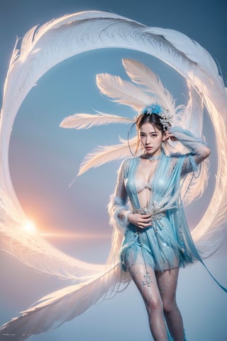 masterpiece, top quality, (arafed woman in a blue dress sitting on the floor that full of white feathers, ethereal beauty, wearing a feather dress, ethereal fantasy, xianxia fantasy, ethereal fairytale, dress made of feathers, blue feathers, incredibly ethereal, soft feather, fantasy beautiful, full body made of white feathers, jingna zhang, white feathers, chinese fantasy, a stunning young ethereal figure), extreme detailed, (abstract, fractal art:1.3), isometric, highest detailed, (feather), ghost.