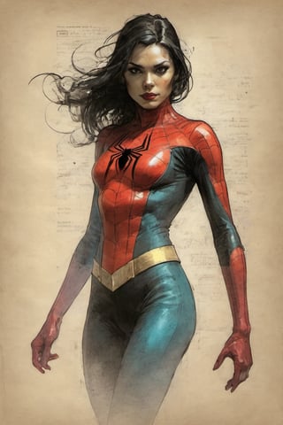 Spiderwoman suit Marvel character design colorful art by Jeremy Mann and Carne Griffith,on parchment,ink illustration