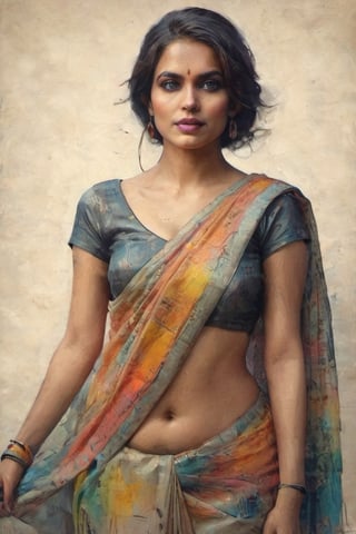 a 20 year super model instagram girl. wear saree, colorful art by Jeremy Mann and Carne Griffith,on parchment,digital painting,clevage,Sexy Saree