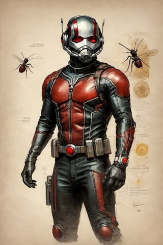 Ant-Man character design colorful art by Jeremy Mann and Carne Griffith,on parchment,ink illustration