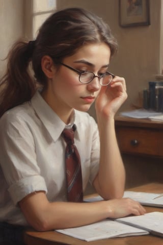 A warm-toned photograph captures the tender moment of a 16-year-old girl sitting at her school table, clad in a crisp uniform with a tie adding a touch of elegance to her outfit. Her long brown hair is tied back in a ponytail, showcasing her big hazel eyes that sparkle with curiosity behind her glasses. The soft focus and gentle lighting create a sense of intimacy as she gazes down, her cheeks flushing ever so slightly from embarrassment or shyness. Her hands rest delicately on the table, her fingers intertwined as if collecting her thoughts. The background is blurred, drawing attention to the subject's quiet contemplation, reflecting her inner world of vulnerability and longing.