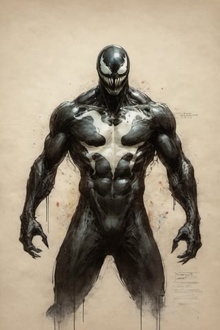 Venom suit Marvel character design colorful art by Jeremy Mann and Carne Griffith,on parchment,ink illustration