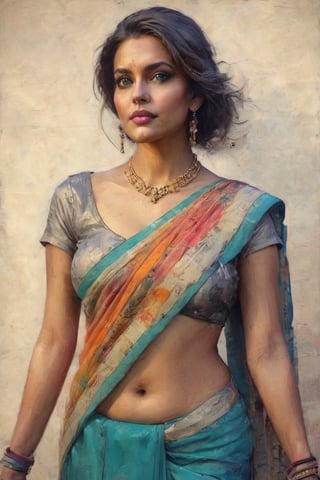 a 20 year super model instagram girl. wear saree, colorful art by Jeremy Mann and Carne Griffith,on parchment,digital painting,clevage,Sexy Saree