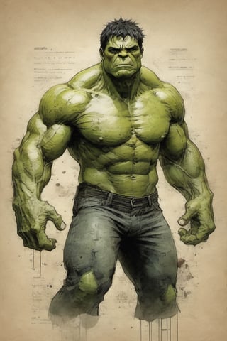Hulk suit Marvel character design colorful art by Jeremy Mann and Carne Griffith,on parchment,ink illustration