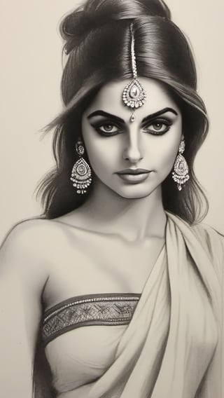 Beautiful indian Instagram model girl, charcoal sketch,  anatomy , pencil_(artwork), pencil_art, pencil_art, rough_sketch, Pencil draw of a very beautiful indian model girl on paper, sarong, Indian beauty,monochrome,Beautiful Instagram Model