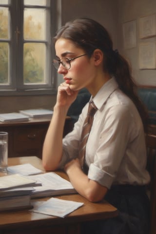 A warm-toned photograph captures the tender moment of a 16-year-old girl sitting at her school table, clad in a crisp uniform with a tie adding a touch of elegance to her outfit. Her long brown hair is tied back in a ponytail, showcasing her big hazel eyes that sparkle with curiosity behind her glasses. The soft focus and gentle lighting create a sense of intimacy as she gazes down, her cheeks flushing ever so slightly from embarrassment or shyness. Her hands rest delicately on the table, her fingers intertwined as if collecting her thoughts. The background is blurred, drawing attention to the subject's quiet contemplation, reflecting her inner world of vulnerability and longing.