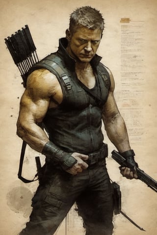 Hawkeye Marvel character design colorful art by Jeremy Mann and Carne Griffith,on parchment,ink illustration