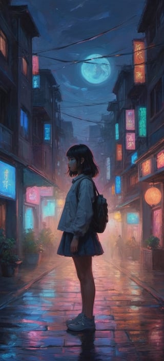 a girl dark night with neon lights and tungsten lighting colorful iridescent detailed lighting inspired by Hayao Miyazaki,lofi vibe,oil painting