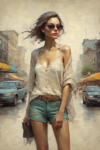 a super model instagram girl. modern cool summer clothes. colorful art by Jeremy Mann and Carne Griffith,on parchment,digital painting