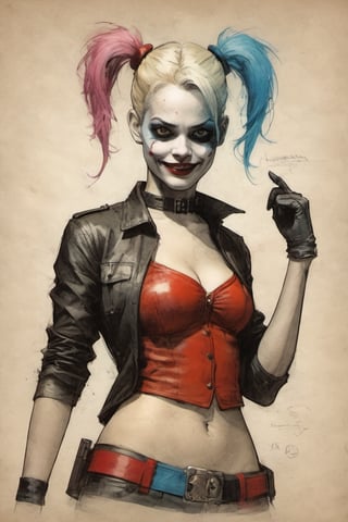 Harley Quinn suit DC character design colorful art by Jeremy Mann and Carne Griffith,on parchment,ink illustration