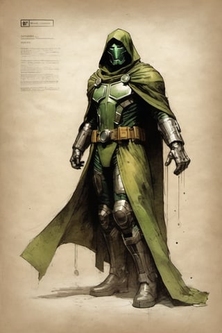 Doctor Doom suit DC character design colorful art by Jeremy Mann and Carne Griffith,on parchment,ink illustration