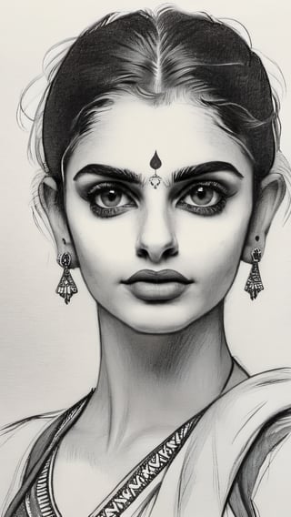 Beautiful indian Instagram model girl, charcoal sketch,  anatomy , pencil_(artwork), pencil_art, pencil_art, rough_sketch, Pencil draw of a very beautiful indian model girl on paper, sarong, Indian beauty,monochrome,Beautiful Instagram Model