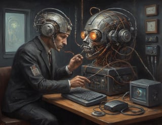 dark oil painting of a cybersteampunk man who interfaces with a retro-futuristic rube-goldberg manifestation of the internet with cables from a man's helmet to an elaborate machine macabre sinister sci-fi ,painting