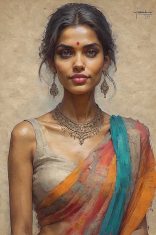 a 20 year super model instagram girl. wear saree, colorful art by Jeremy Mann and Carne Griffith,on parchment,digital painting,street sketch background