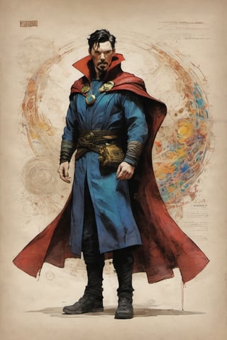 Doctor Strange suit Marvel character design colorful art by Jeremy Mann and Carne Griffith,on parchment,ink illustration