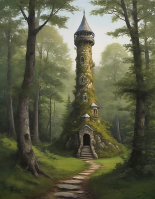 oil painting of a a wizard's tower in a clearing in the woods, a wizard tower that is topped with a glass and steel dome magical forest with silver and gold leaves detailed and intricate a winding stone path leads to the tower,painting,oil painting