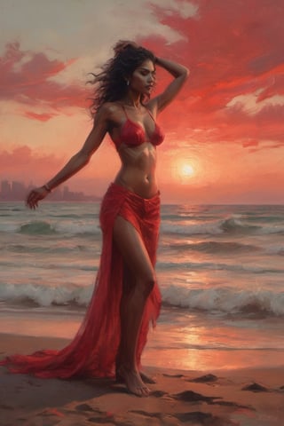 Red-tinted sunset glows on the digital canvas as our stunning Indian supermodel strikes a confident pose, her slender fingers wrapped around the back of her head in a captivating 'hands up' gesture. A vibrant red bikini hugs her toned physique, drawing attention to her curves. In the background, Jeremy Mann's and Carne Griffith's artistry comes alive on parchment-like textures, a kaleidoscope of colors swirling behind our beauty. The overall aesthetic is sultry, playful, and Instagram-ready.