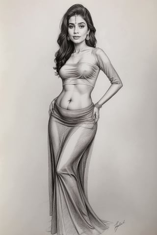 Beautiful indian cute girl, pencil sketch,  anatomy , pencil_(artwork), pencil_art, pencil_art, rough_sketch, blouse, long skirt, plump, navel, stomach, slime,beauty,DRAWING,monochrome,REALISTIC