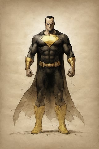 Black Adam suit DC character design colorful art by Jeremy Mann and Carne Griffith,on parchment,ink illustration