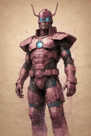 Galactus suit DC character design colorful art by Jeremy Mann and Carne Griffith,on parchment,ink illustration