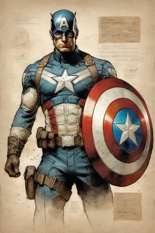 Captain America suit Marvel character design colorful art by Jeremy Mann and Carne Griffith,on parchment,ink illustration